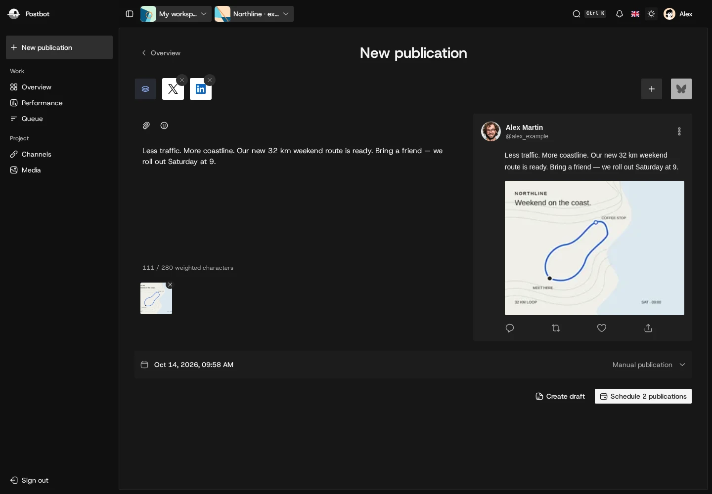 Postdot Studio: composing a post with an X preview