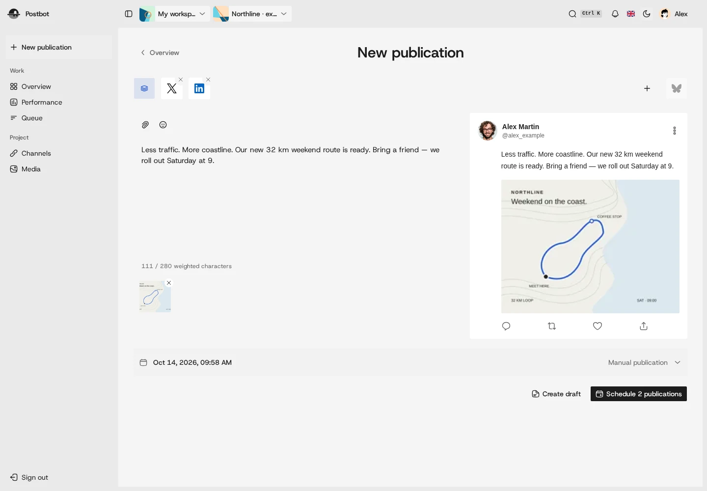 Postdot Studio: composing a post with an X preview